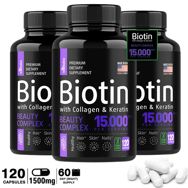 Biotin Collagen Keratin Supplement 15.000 Mcg – Haarhaut-Nagelaufhellungsunterstützung, geeignet für Frauen und Männer