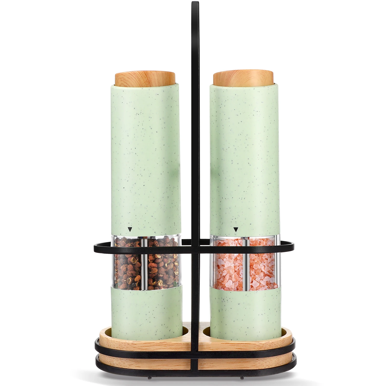 

2Pcs Electric Pepper Mill Salt Grinder Acrylic Cup Adjustable Coarseness Kitchen Tool Set Black Stand Green Color