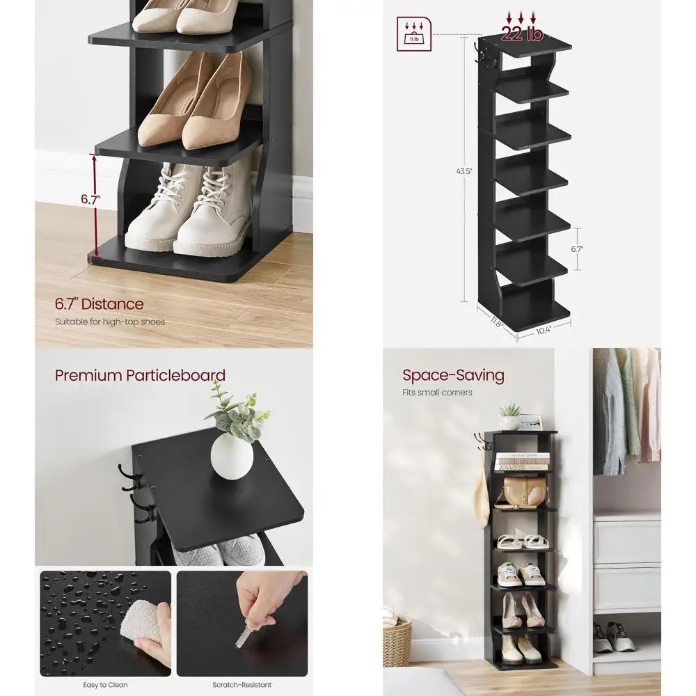 

7-Tier Slim Shoe Storage Organizer with Hooks, Space-Saving for Entryway and Bedroom, Black