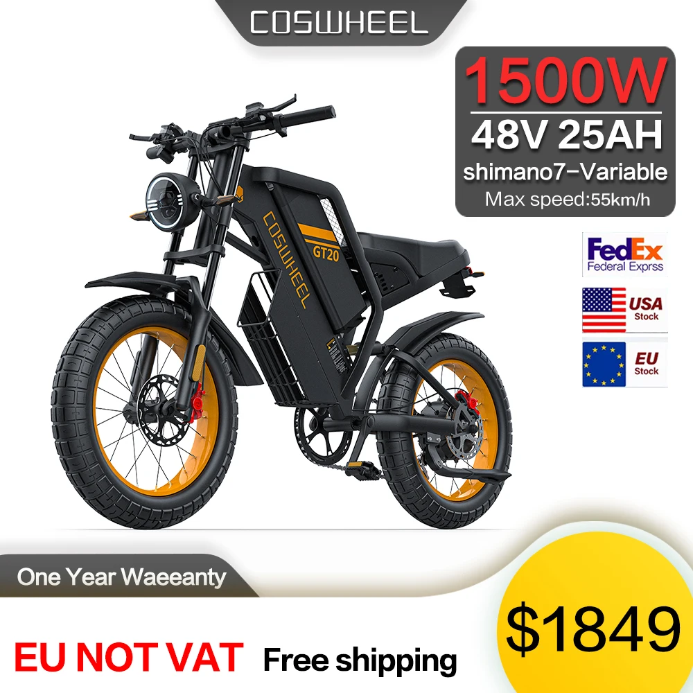 

Coswheel GT20 Adults Electric Bike 1500W 48V 25AH Battery Electric Motorcycles 20inch Off Road Tyre Mountain Ebik Bicycle