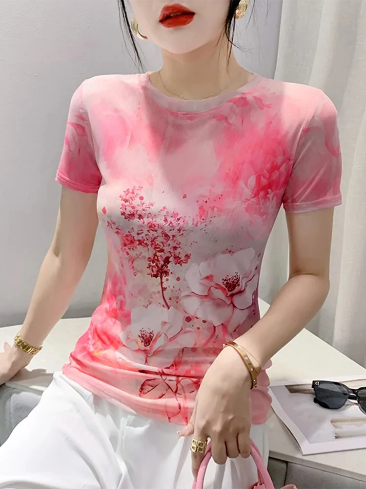 

Winsleter Streetwear Summer Tshirts Short Sleeve Elastic Tees Ladies Sexy O Necks Position Print Slim Mesh Tops T37118JM