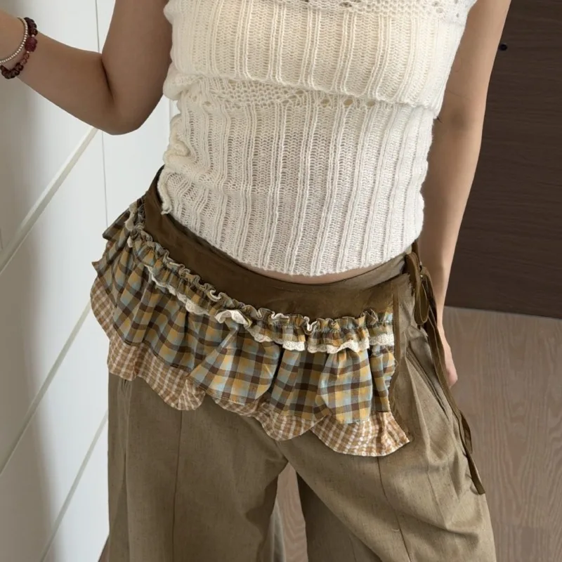 Vintage Plaid Lace Ruffle Waist Apron Skirt Cottagecore Layered Decor Half Skirt Sweet Lolita Gingham Frill Overlay Mini Skirt