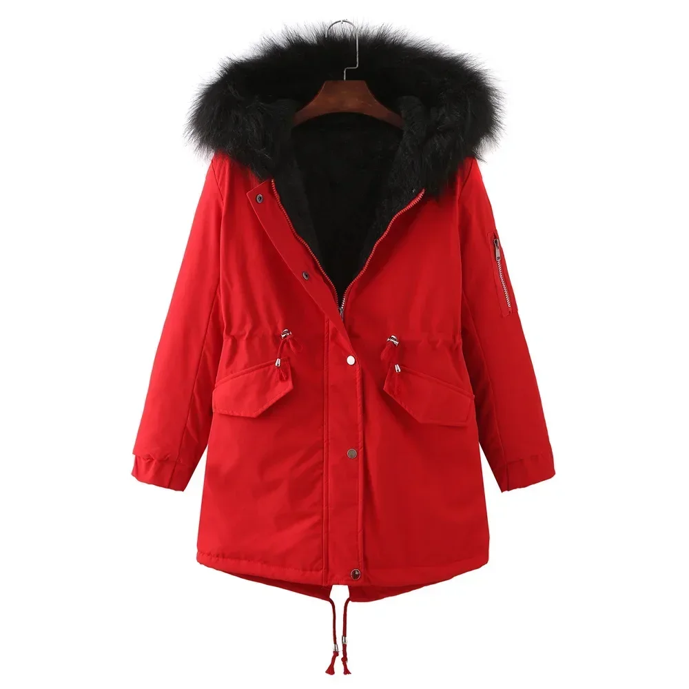 

Women's New Winter Plus Velvet Cotton Jacket Female Fur Collar Hooded Thicken Warm Jacket Women's Padded Jacke