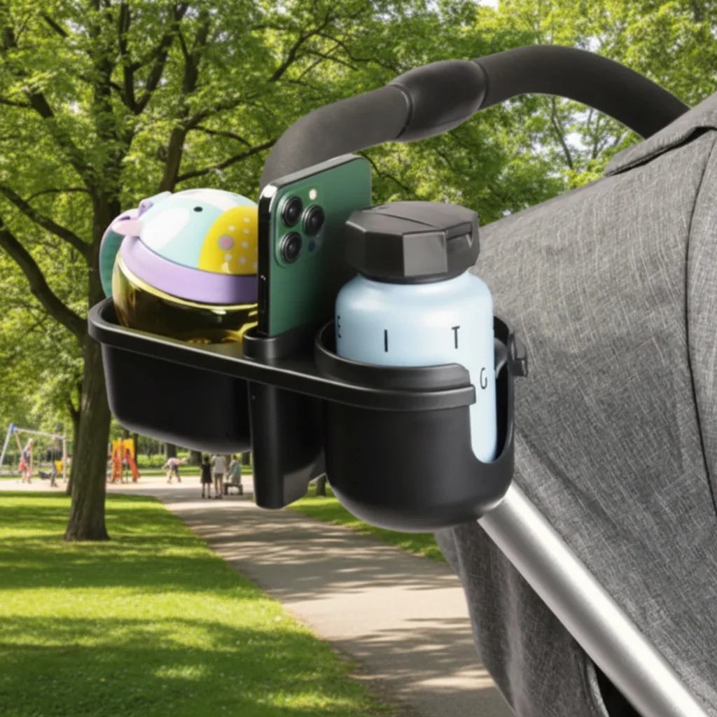 3 in 1 Baby Stroller Bottle Organizer Black with Phone/Snack Holder Baby Stroller Bottle Rack Cup Holder Durable Multifunctional