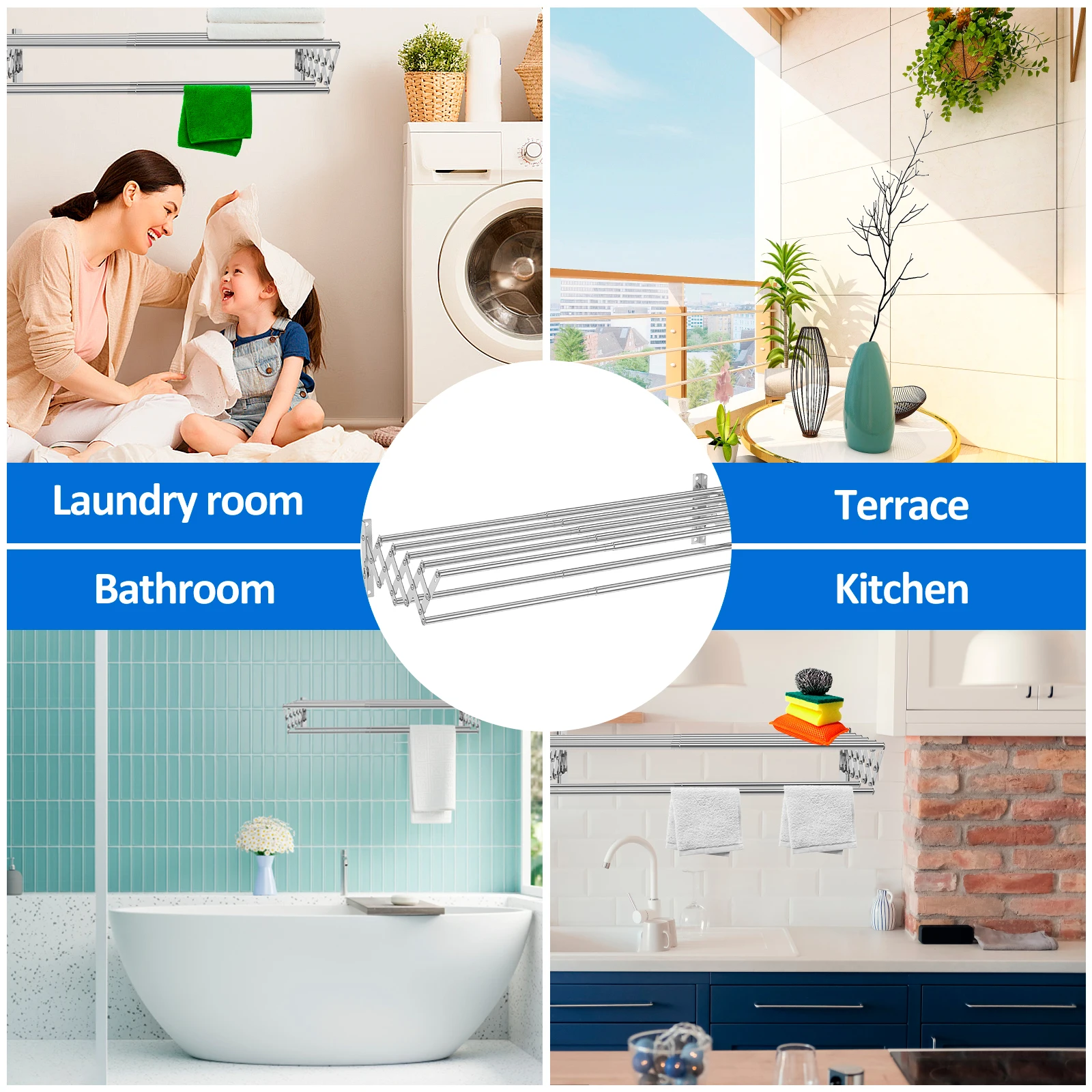 New Collapsible Laundry Drying Rack Stainless Steel Wall Mounted Clothes Towel Dry Rack with 7 Drying Rods for Balcony Bathroom
