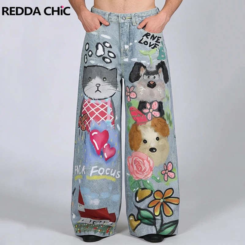 

Джинсы REDDACHIC Cutecore с граффити-принтом, свободные, с карманами, светлые, прямые, широкие штанины, повседневные, в корейском уличном стиле, для мужчин