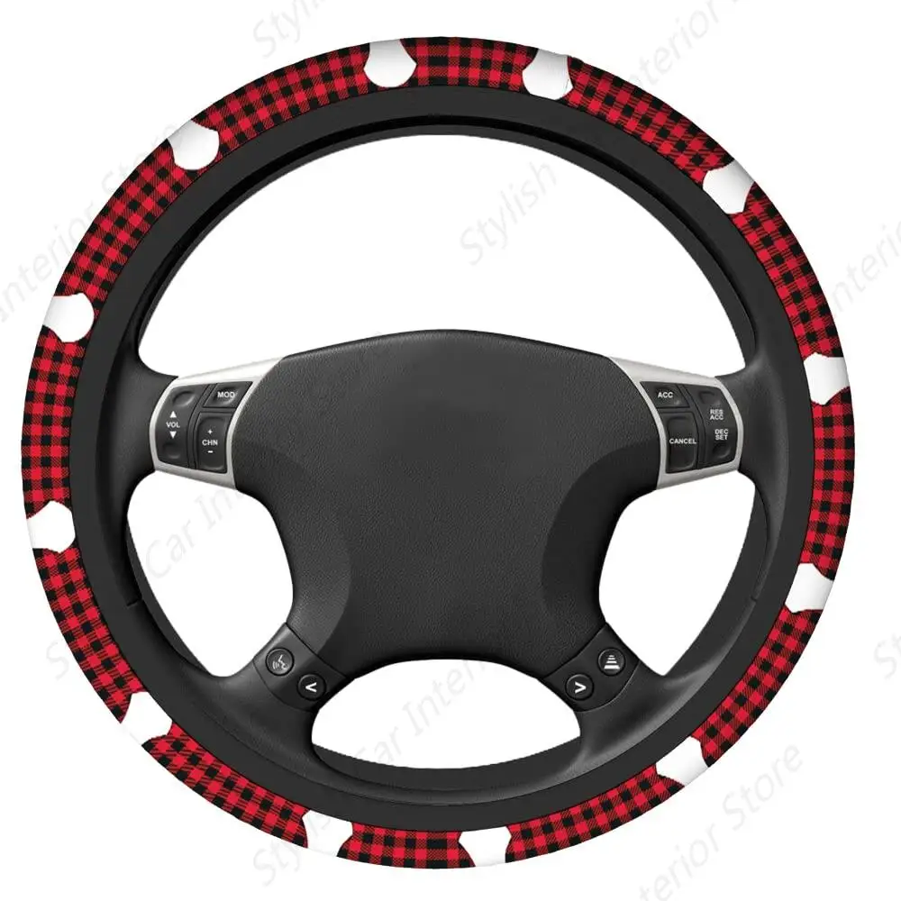 Woodland Deer Non-Slip Steering Wheel Cover Christmas Deer Red Checkered Buffalo Plaid Grip Automotive 15 Inch