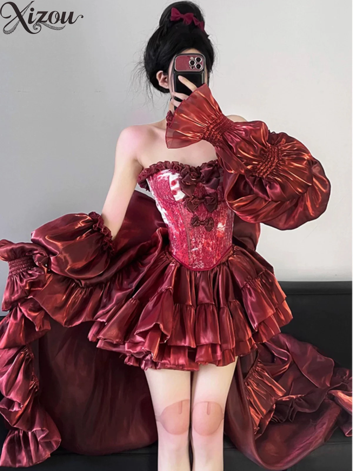 2025 Summer Women Girl Dresses Sets Red Princess Hepburn Tube Top Strapless Satin Tulle Bow Trailing Evening Party Cuff Slim Fit