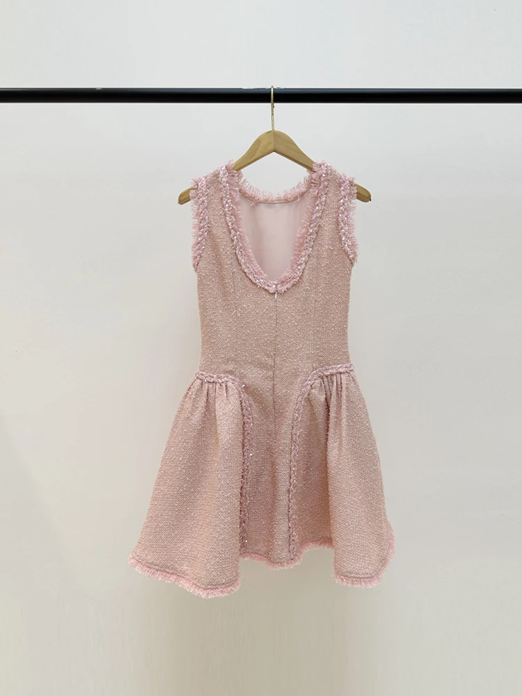 Self-portrait Summer Fashion Party Tweed Elegant Mini Dress Women's Sequins Weaving O-Neck Sexy Backless High Waist Short Dress view 2