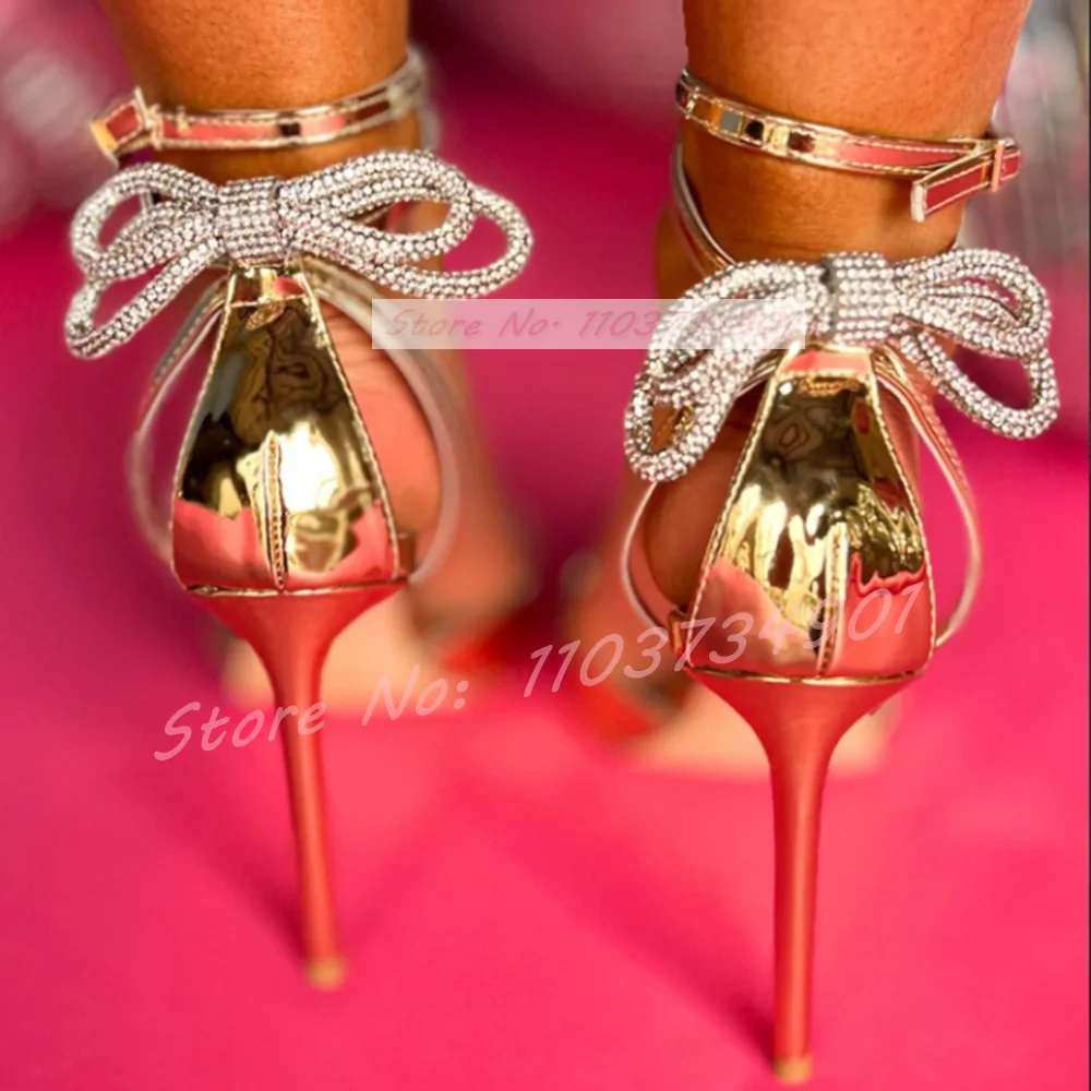 Gold Pointy Toe Crystals Bow-Knot Sandals Women Fashion Ankle Strap Metallic Heeled Shoes Elegant Shiny Leather Cover Heel Shoes