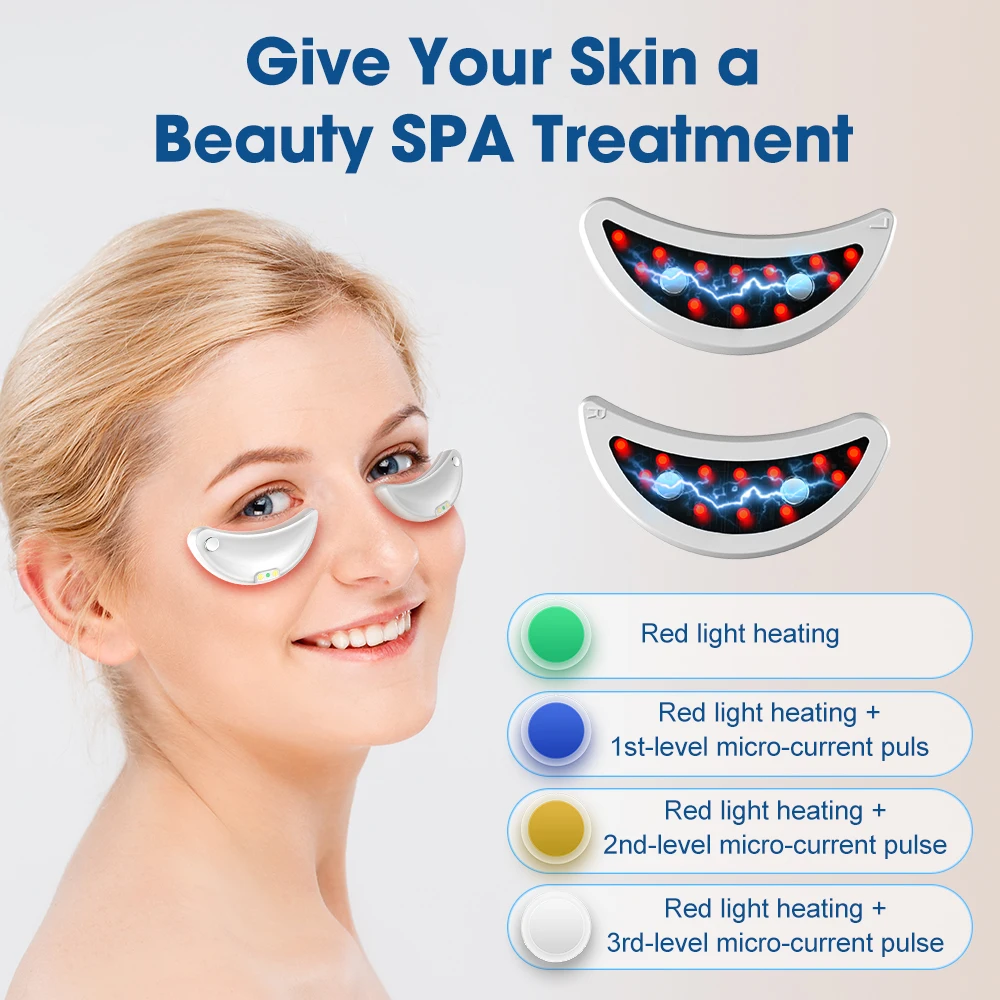 Wireless Eye Massager Patches 2Pcs 660nm LED Light 3 Sonic Levels 400mAh Charging Box for Dark Circles Puffiness Look White