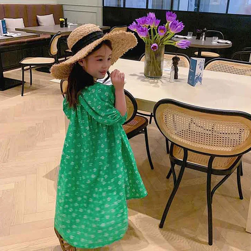 Children Green Floral Dress Elegant Summer Little Girls Clothing Puff Sleeve Dress Children's Dress  Floral 2-7 Y Baby Kids