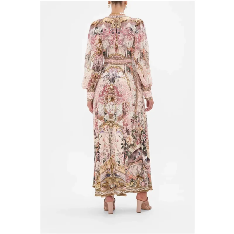 NicheTrendy Australian Vintage Women's Long Dress Sexy V-Neck Fairy Kimono Printing Elegant Wide Hemline Sweep Train Dress