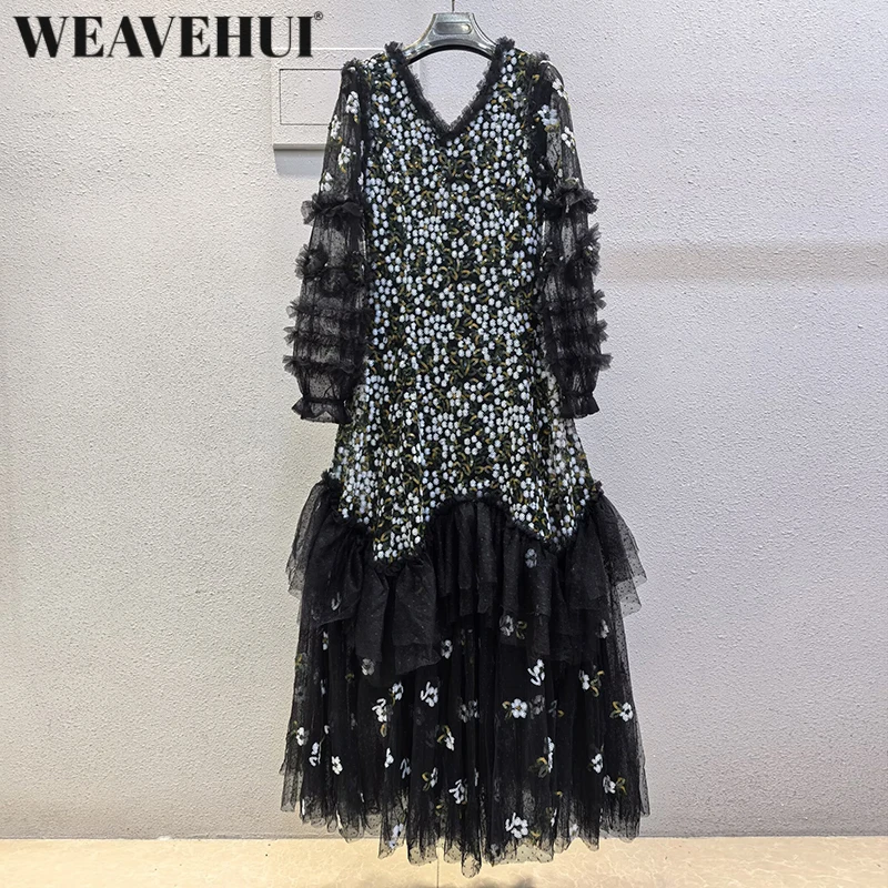 WEAVEHUI Autumn Position Sequins Mesh Dress for Women V-neck Lantern Sleeve Ruffles Vintage Party Big pendulum Maxi Dresses