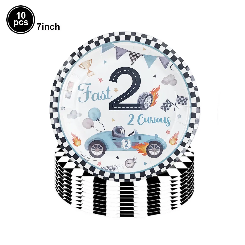 Rennwagen-Thema, zwei schnelle Jungen, Partydekorationen zum 2. Geburtstag für Rennwagen, karierte Flaggen, Rennrad, Einweggeschirr – Detail 3