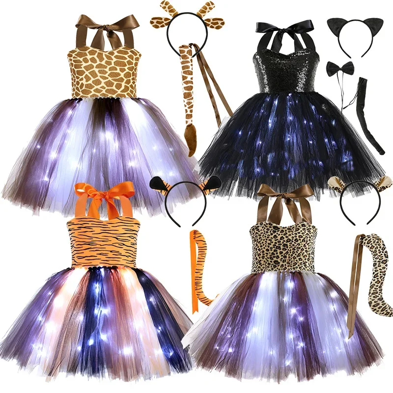 Girls Glowing Halloween Animal Cosplay Costumes with LED Lights Children  Giraffe Tiger Leopard Kitty Carnival Party Dresses