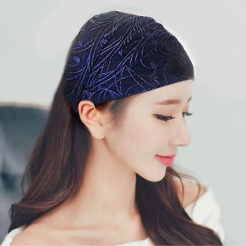 Korean New Vintage Lace Flower Hairbands Sweet Headband Transparent Wide Side Girls Women Mesh Shinny Hair Hoop Non Slip