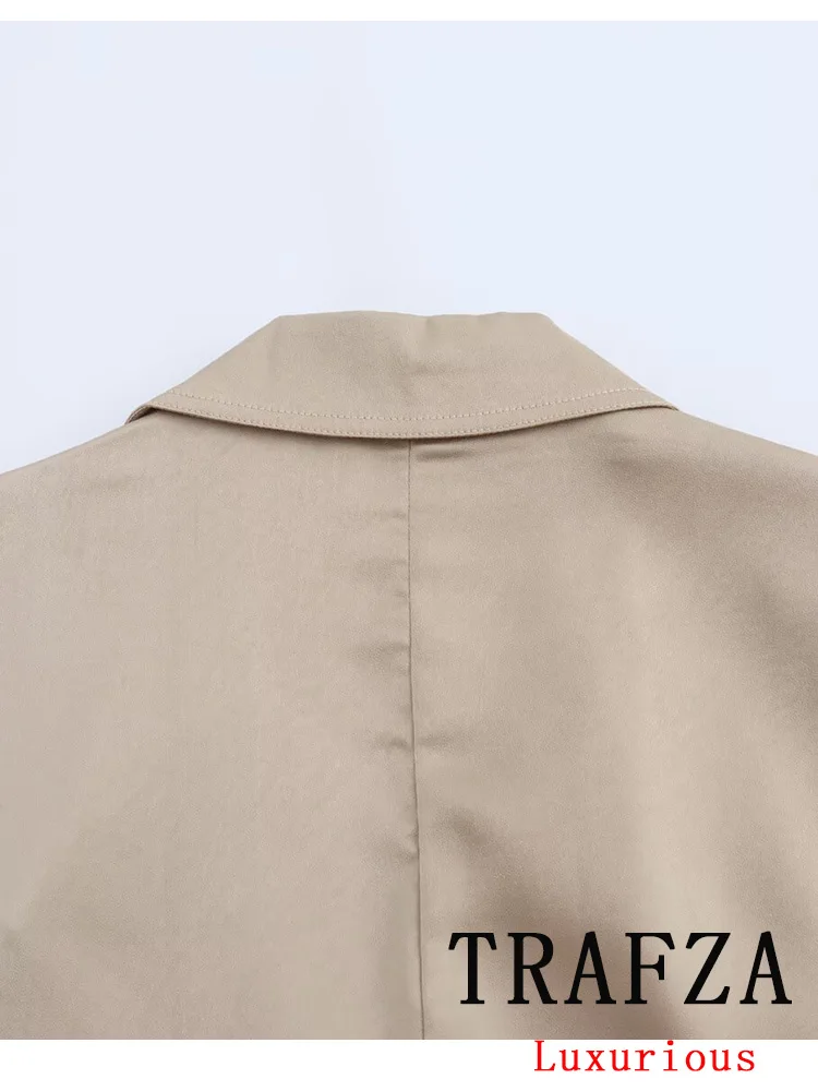 TRAFZA Vintage Office Lady Khaki Solid Women Suit Single Breasted Pockets Blazer Zipper Straight Loose Pants Fashion 2024 Sets