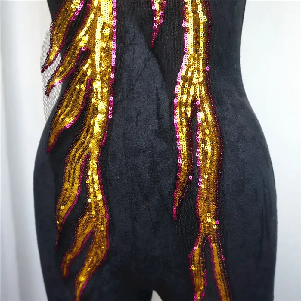 2PCS Gold Sequin Lace Fabric Fire Tassel Rose Red Edge Black Mesh Gown Appliques Embroidery Sew Patch For Wedding Decor DIY