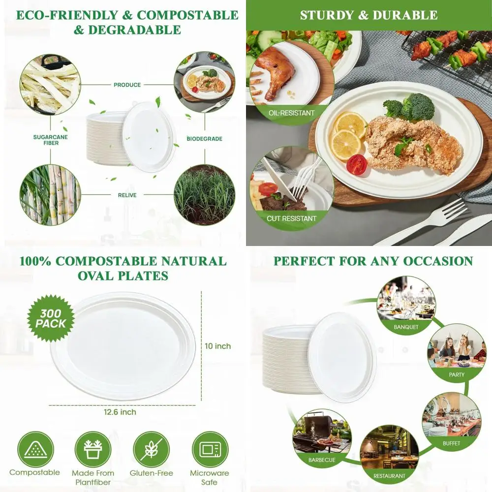 

Экологичные 12 биоразлагаемых овальных бумажных тарелок, упаковка 300 шт., прочные и компостируемые для встреч на открытом воздухе