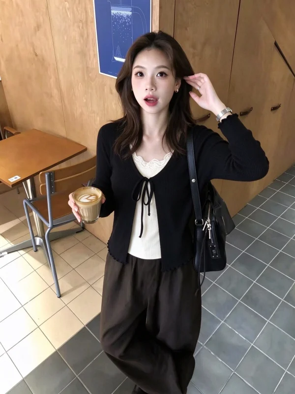 Korean Style Belted Design Long Sleeve Knitted Top Women's Autumn Slimming Beautiful Fake Two-Piece Wood Grain  Casual Fa...