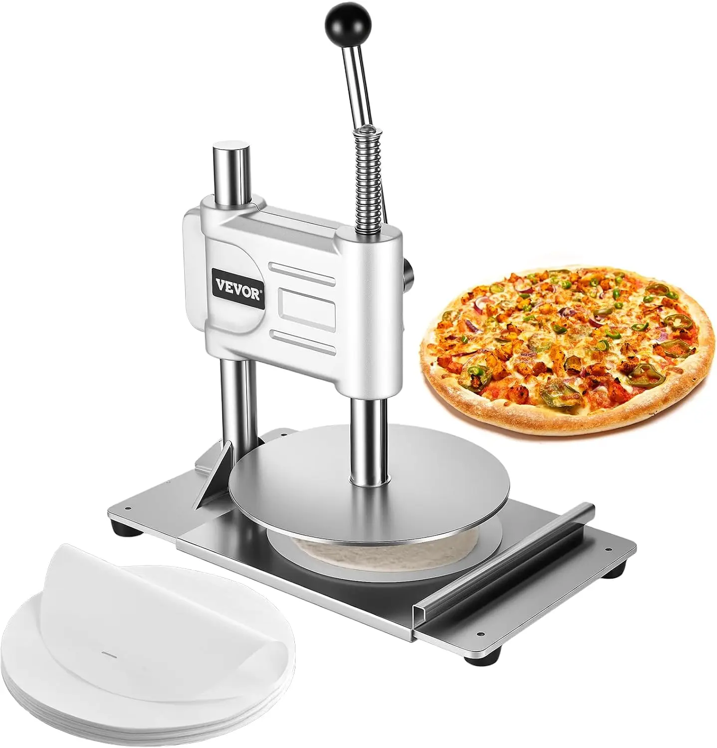 Manual Pizza Dough Press Machine, 9.5 inch Pizza Pastry Press Plate, Stainless Steel Bread Presser, Commercial Chapati Sheet Cru