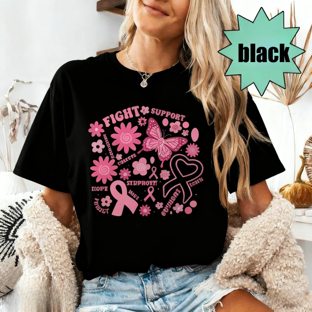 Fight Breast Cancer Shirt Support Breast Cancer Warrior T-Shirt Pink Ribbon TShirt Cancer Survivor Women Clothing Cotton Tops
