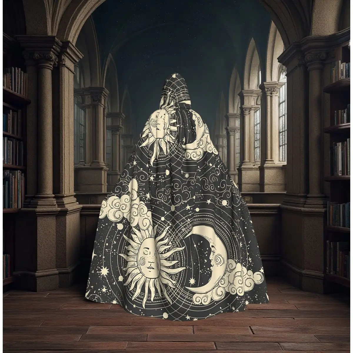 

Celestial Moon Magic Black With Golden Accents Long Hooded Cloak Witch Medieval Costume Cosplay Cape HalloweenCoat Adult Unisex