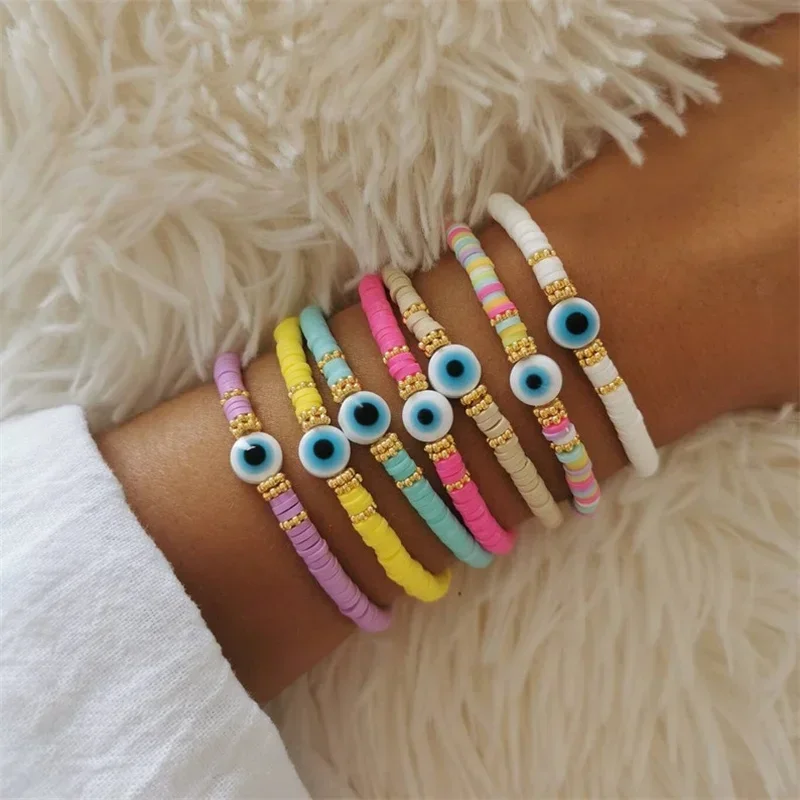 CCGOOD Nazar Evil Eye Clay Bead Bracelet - Stretchable Snug Fit Boho Spiritual Protection Charm for All Seasons Stackable Jewelr