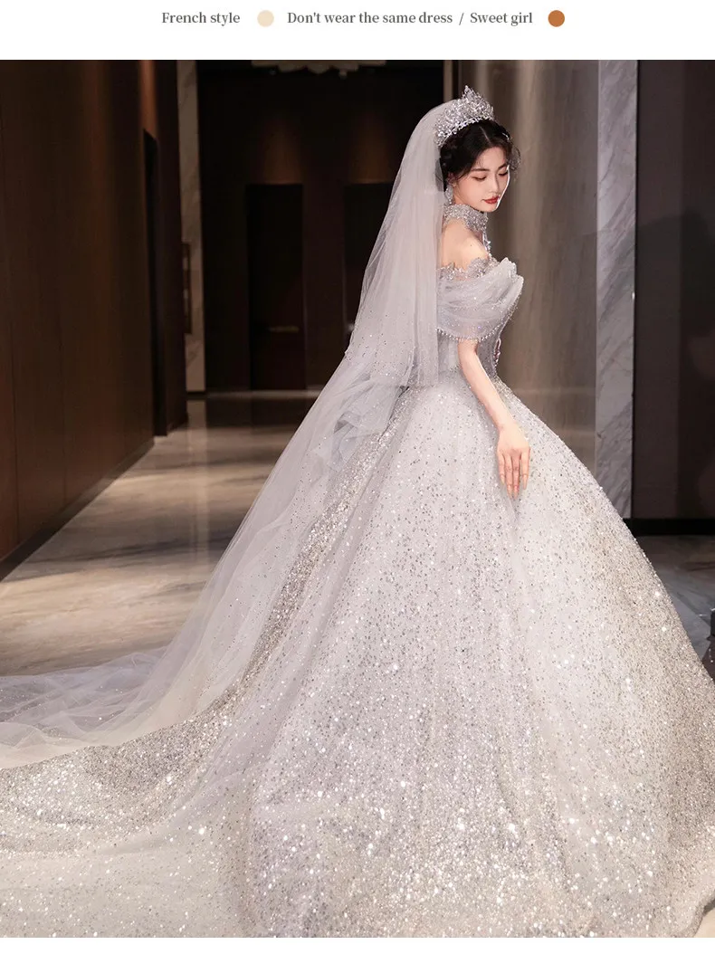 It's Yiiya High Quality Customized Beads Bling Ivory Wedding Dresses Off the Shoulder Princess Floor Length Bride Gowns CC007