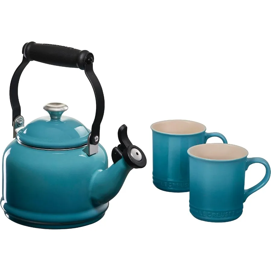 

Enamel On Steel Demi Kettle with Metal Finishes Stoneware Set of 2 Mugs 1.25 qt. Kettle 2 14 oz. Mugs for Kitchen Countertop Us