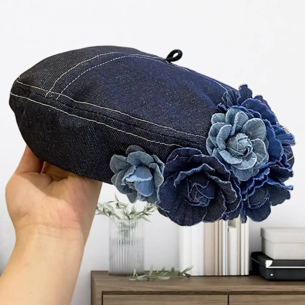 Cowboy Artist Hat Stylish Denim Cowboy Hat with 3d Rose Decor for Women Adjustable Artist Cap for Daily Wear Special Occasions