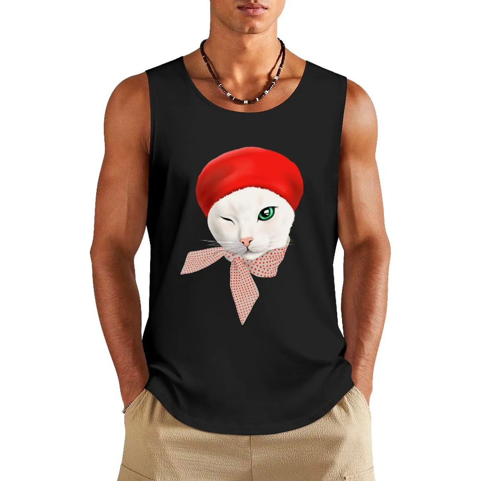 

French Cat in beret Tank Top t-shirts for men gym t-shirts man mens gym clothes