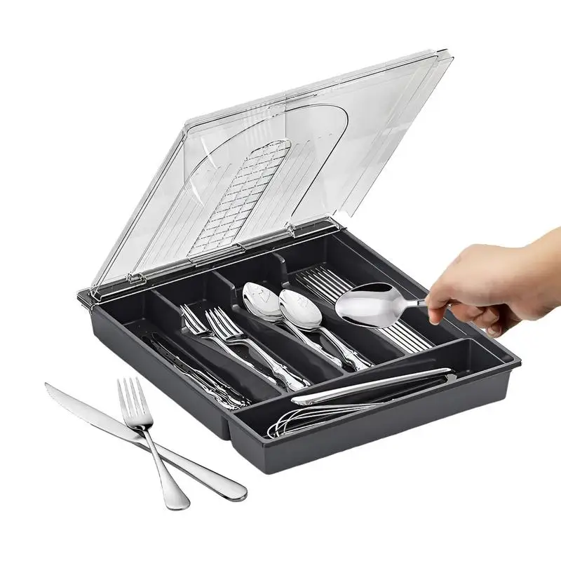 Silverware Organizer Silverware Tray Flatware Cutlery Utensil Holder Multifunctional Lid-Enclosed Organizing Compartments