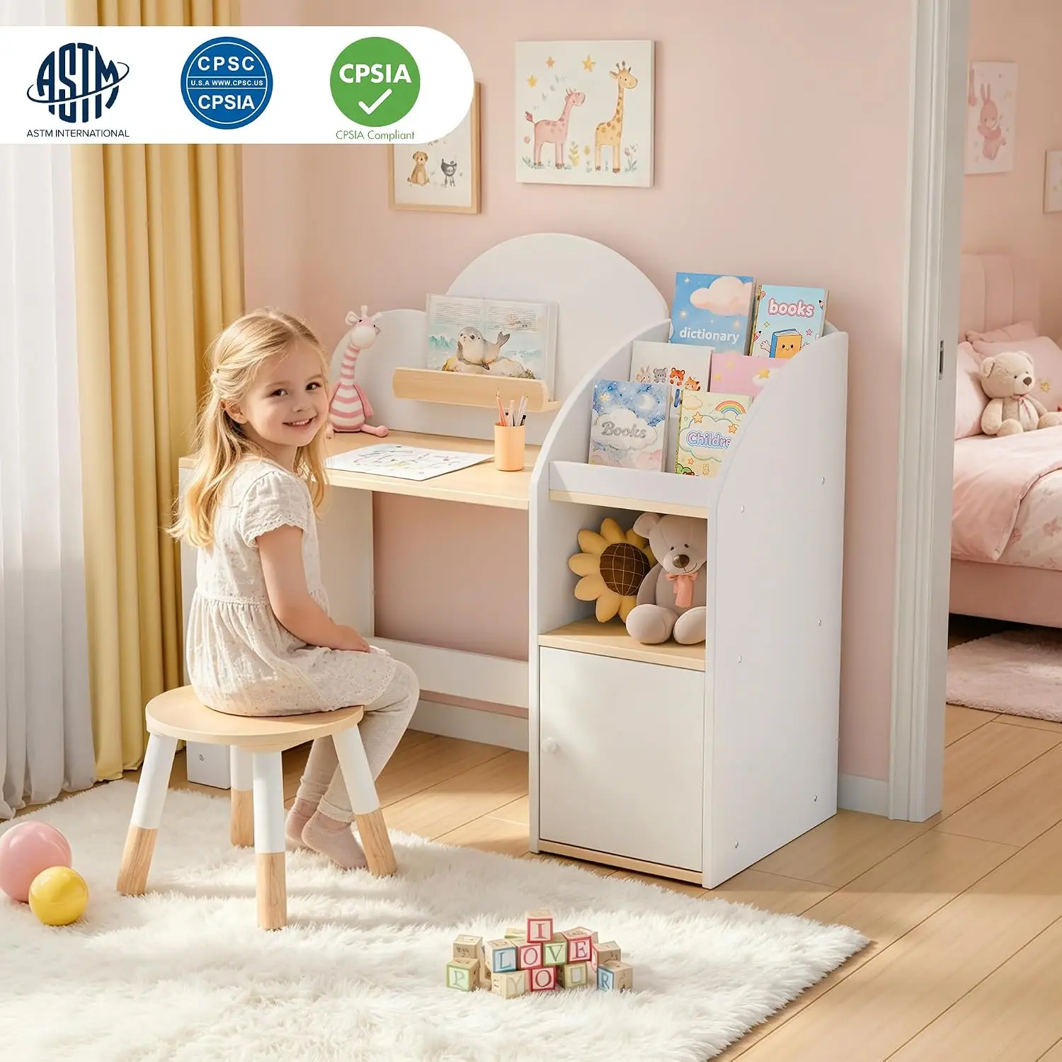 Kids Study Desk & Chair Set with 2 Bookshelves & Storage Cabinets, Wooden Student Table & Stool for Ages 3-8, Customized view 2