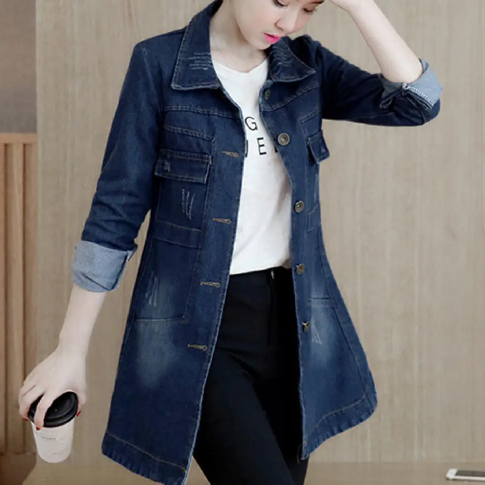 

Classic Denim Jacket Buttons Closure Mid-Length Shrink Resistant Single Breasted Irregular Hem Jacket