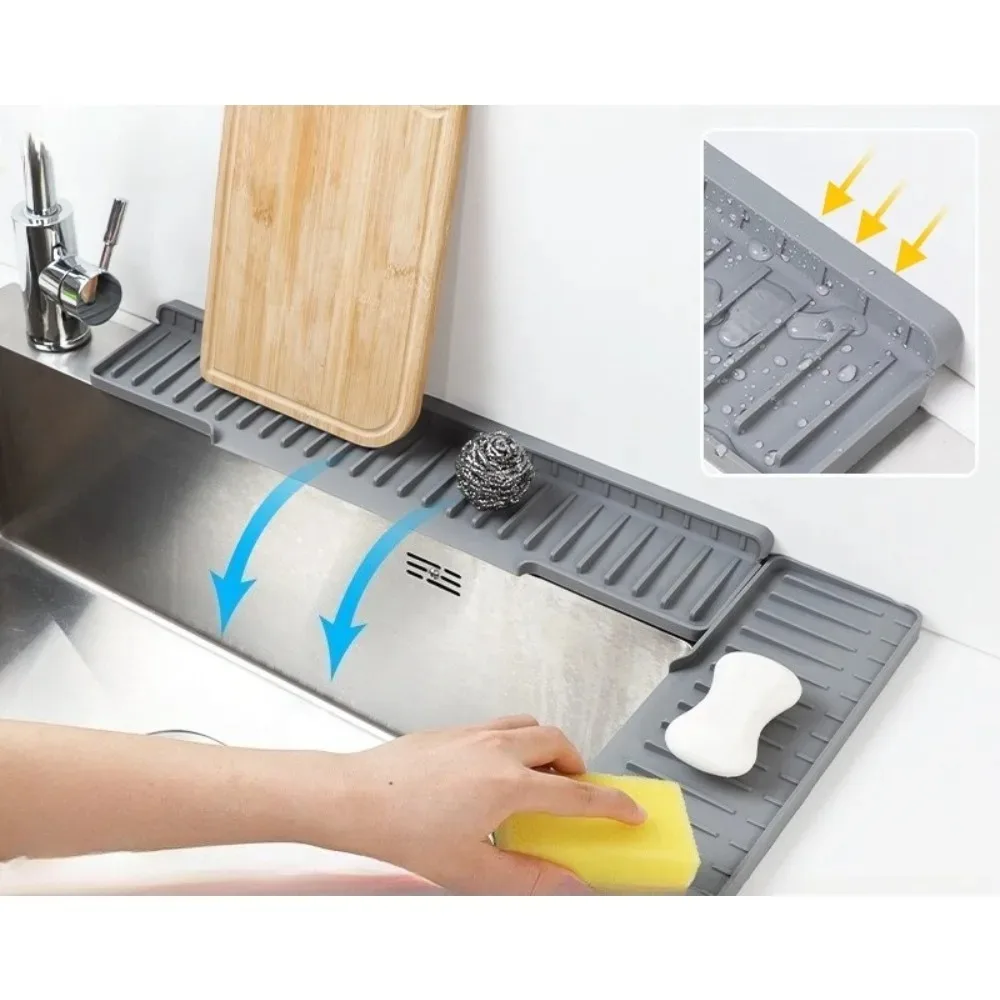 Silicone Sink Water Absorbent Tray Anti-slip Splash-proof Kitchen Sink Tea Cup Holder Kitchen Slope Sink Drain Pad Narrow Edge