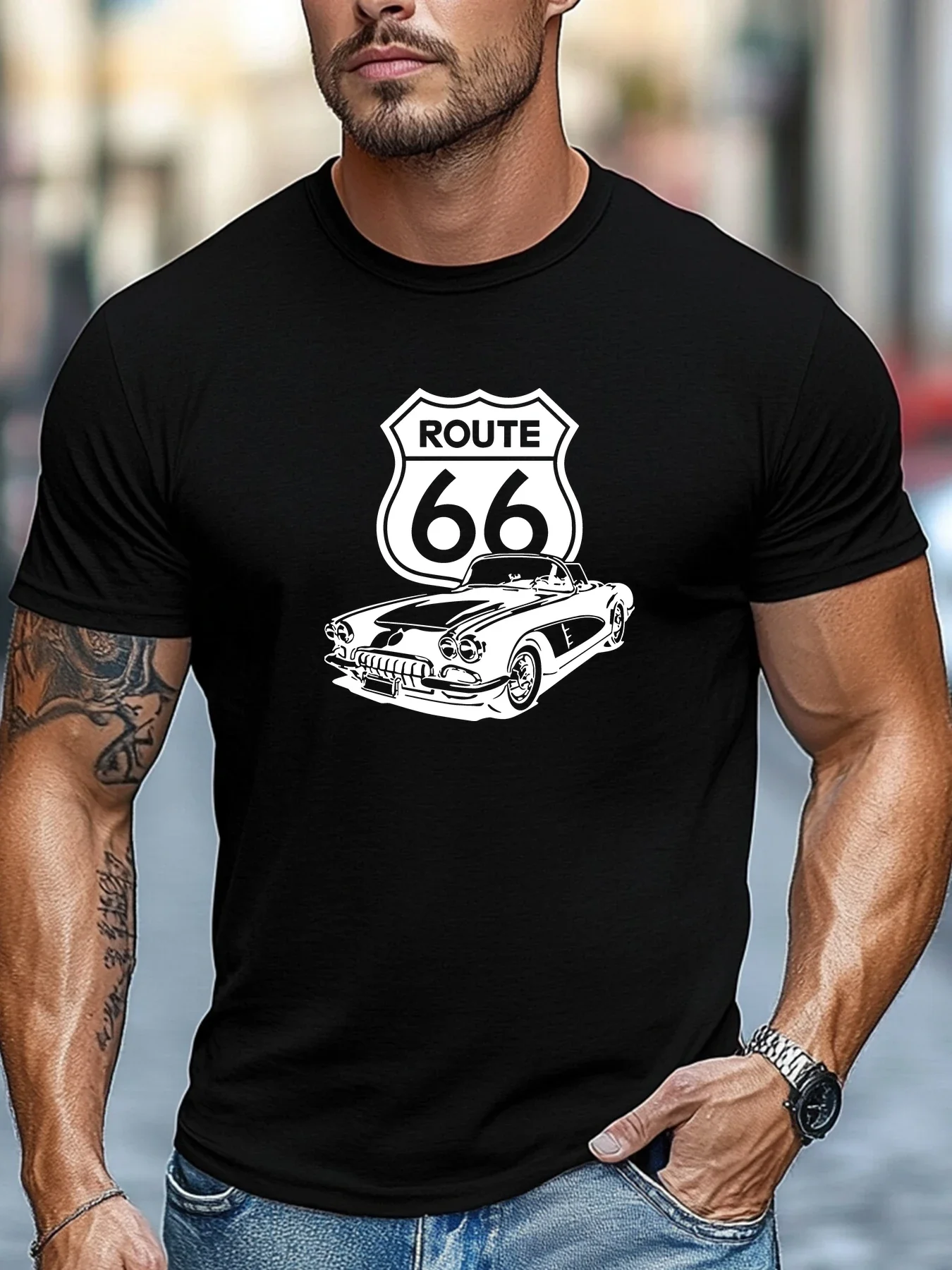 Male Black Round Neck T Shirt Vintage Route 66 Badge With Retro Open Top Sports Car Classic Usa Highway Light Cotton Daily Tees