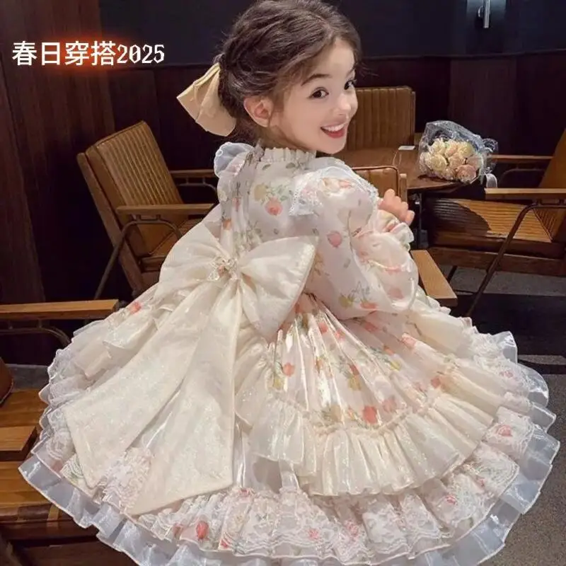 Spring Autumn Girl Princess Dress Bow Lace Sweet Cute Puff Skirt Lolita Dress Holiday Gathering Evening Dress Birthday Gift