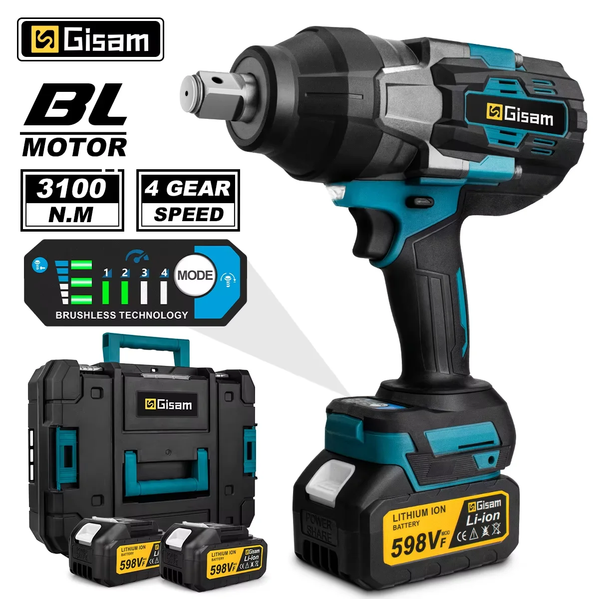 Gisam 3100N.M High Torque Brushless Electric Impact Wrench 3/4 inch Cordless Electric Wrench Power Tools For Makita 18V Battery