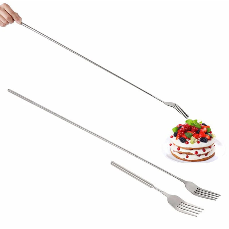 

#Silver Stainless Telescopic Extendable Fork Dinner Fruit Dessert Long Cutlery Forks BBQ Meat Fork Kitchen Dinnerware Tableware
