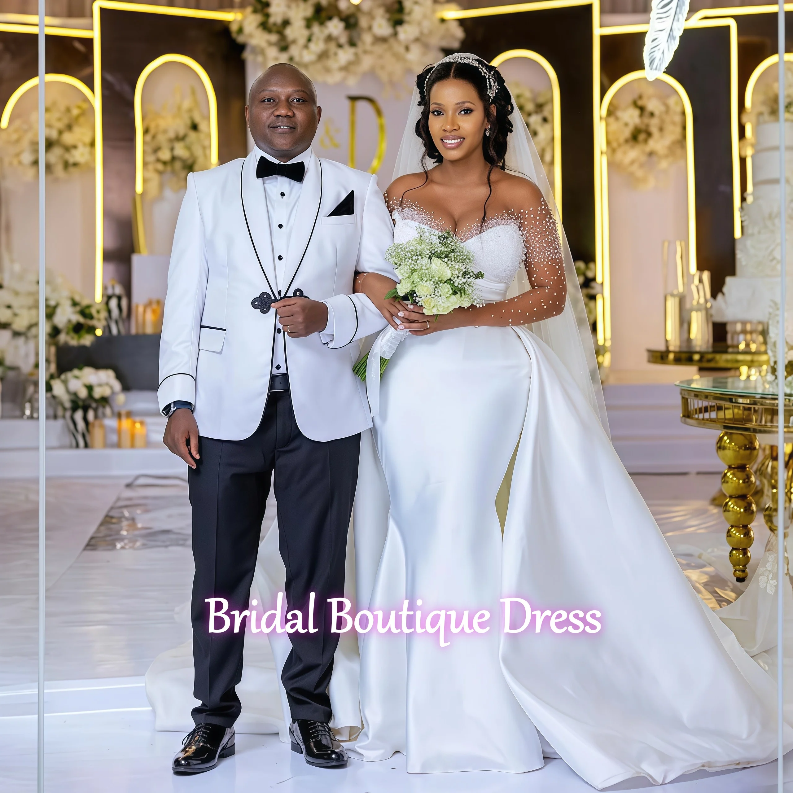 Aangepaste Afrikaanse Glanzend Kralen Zeemeermin Trouwjurk Voor Bruid 2026 Satijn Afneembare Trein Lange Mouwen Bruidsjurk Vestidos De