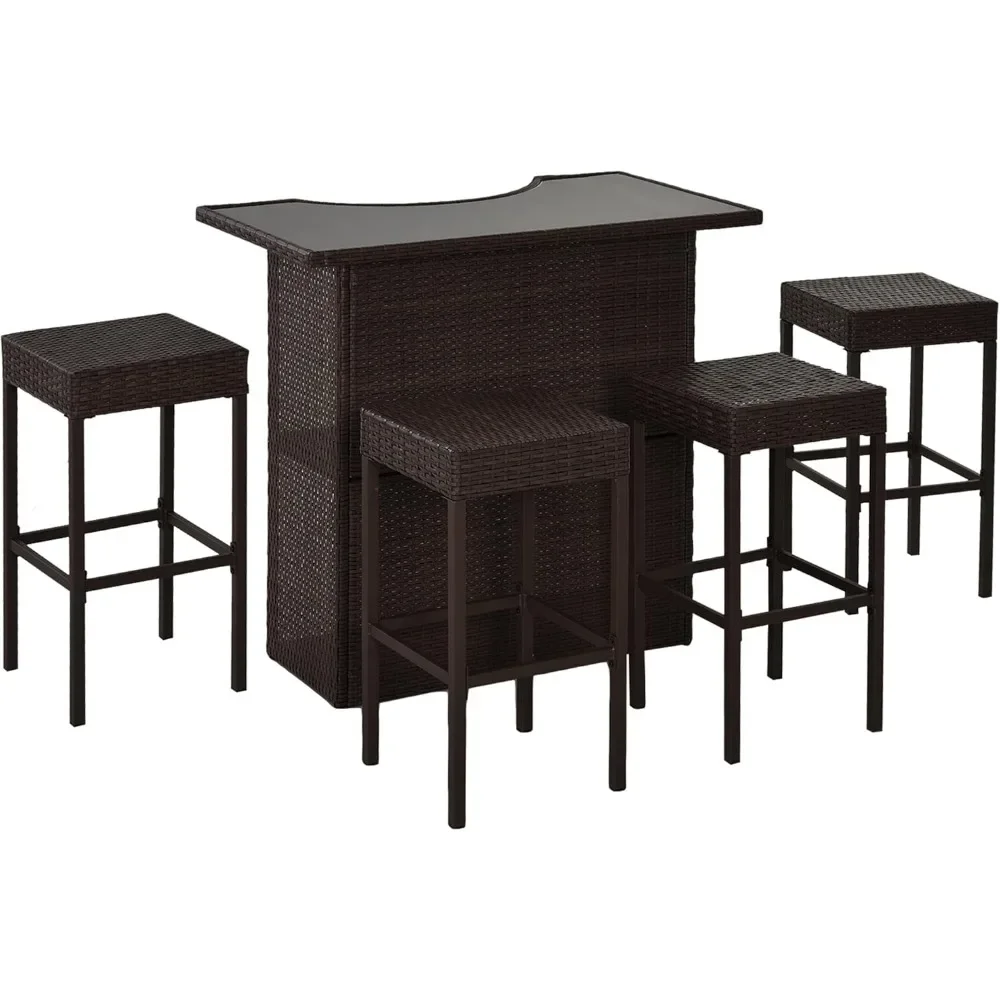 

5 Pcs Rattan Wicker Bar Set, High Top Outdoor Table and Chairs, Bar Height Patio Set with Glass Table Top 2 Tier Storag