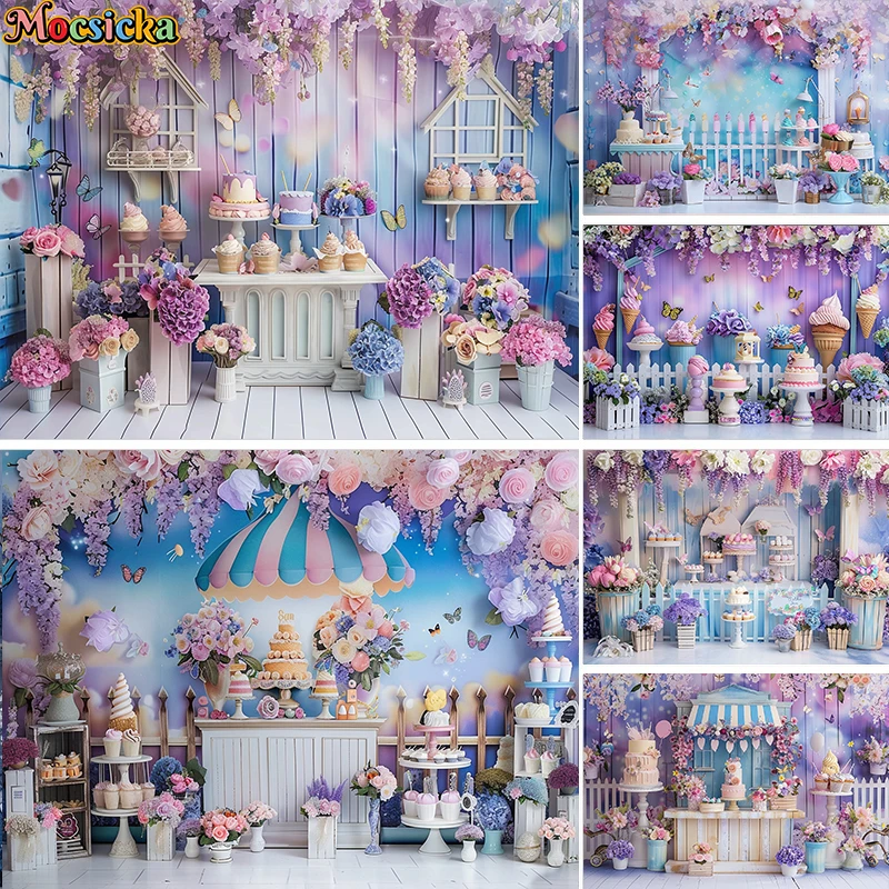 Mocsicka Photography Background Cake Smash Birthday Party Kids Portrait Spring Floral Butterfly Decor Backdrop Photo Studio