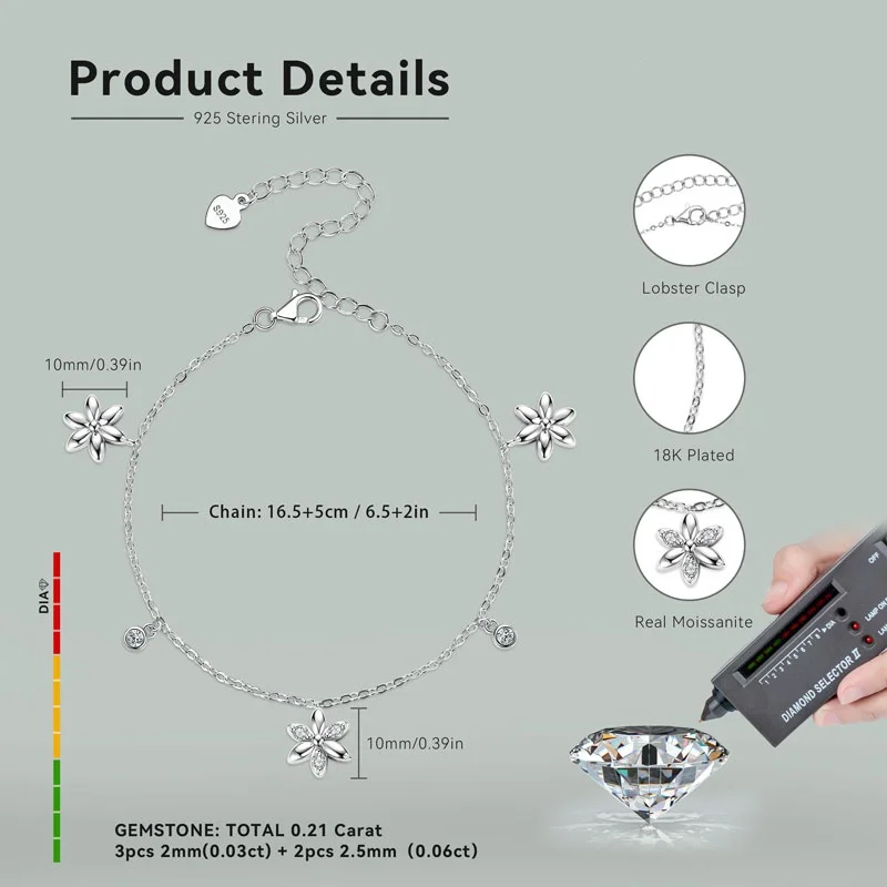 IOGOU 2 مللي متر و 2.5 مللي متر D0.21CT مويسانيتي سوار مرصع بالألماس المشاركة الزفاف حُليات المجوهرات الحقيقية 925 الفضة زهرة أساور للنساء