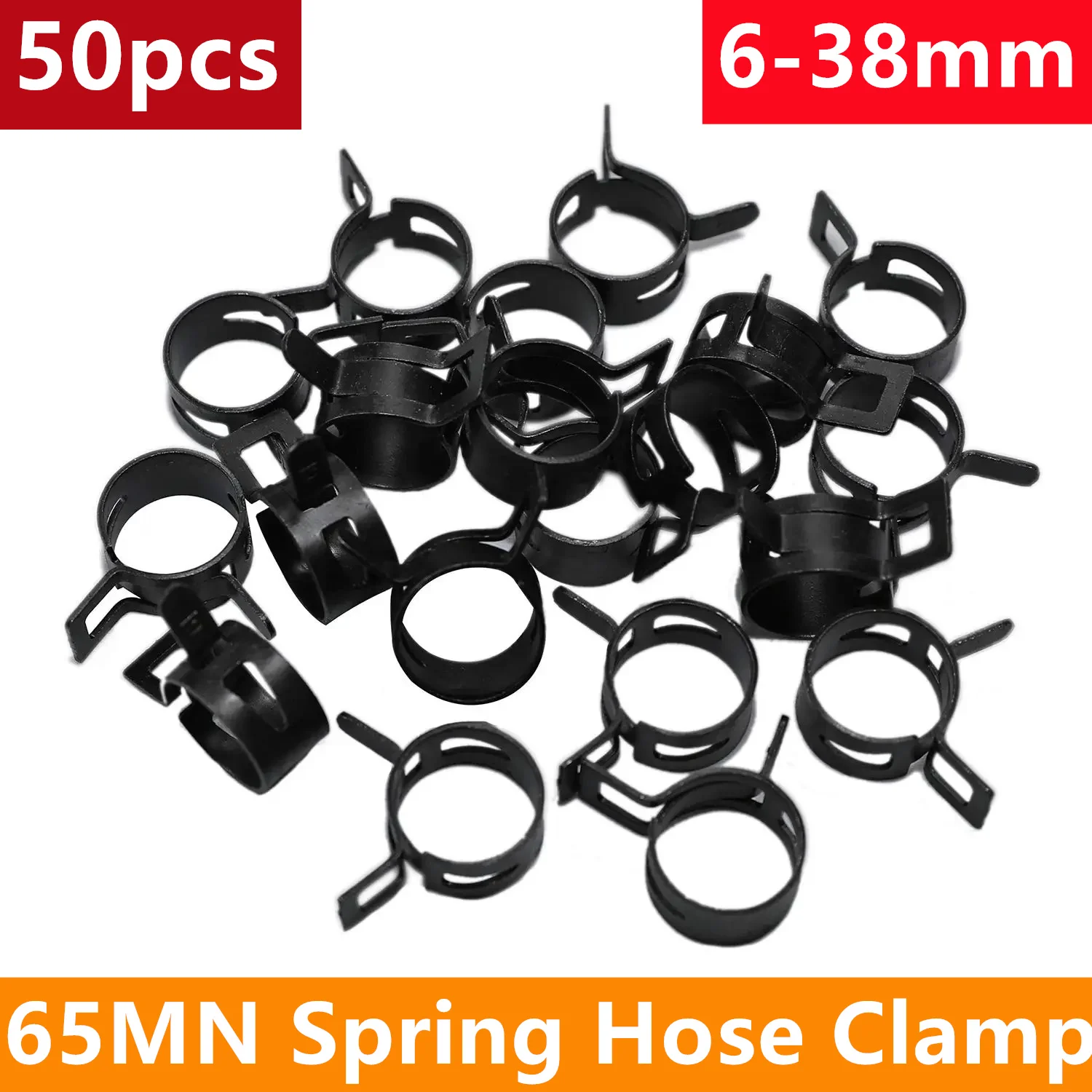 50pcs Hose Clamps Fuel Line Water Pipe Clamp Hoops Air Tube Fastener M6-38mm 65MN Black Spring Clip Pinch Adjustable Metal Clamp