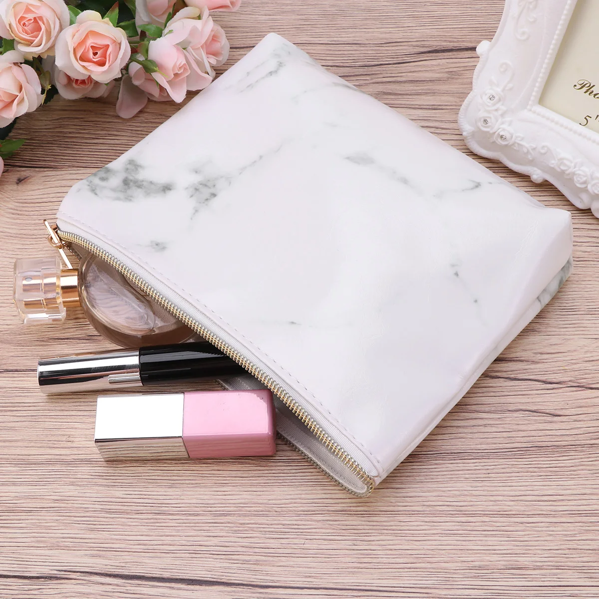 

Marble Bag Pouch Toiletry Zipper Small Travel Makeup Organizer Handbag Lightweight Durable Premium Storage For Lipstick