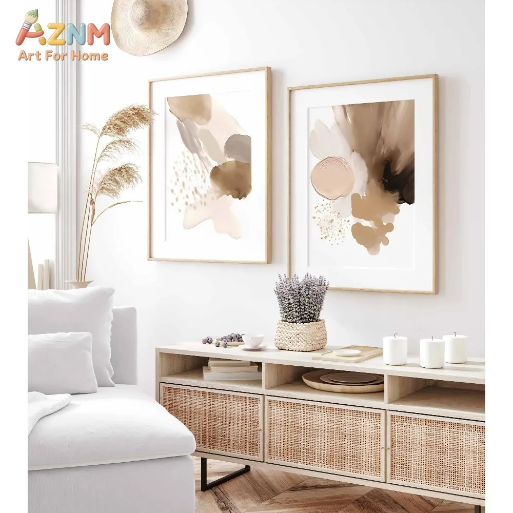 AZNM  Neutral Brown Watercolor Abstract Canvas Wall Art, Blush Ink Splash Gold Dot Print Frameless Canvas Painting, Minimali