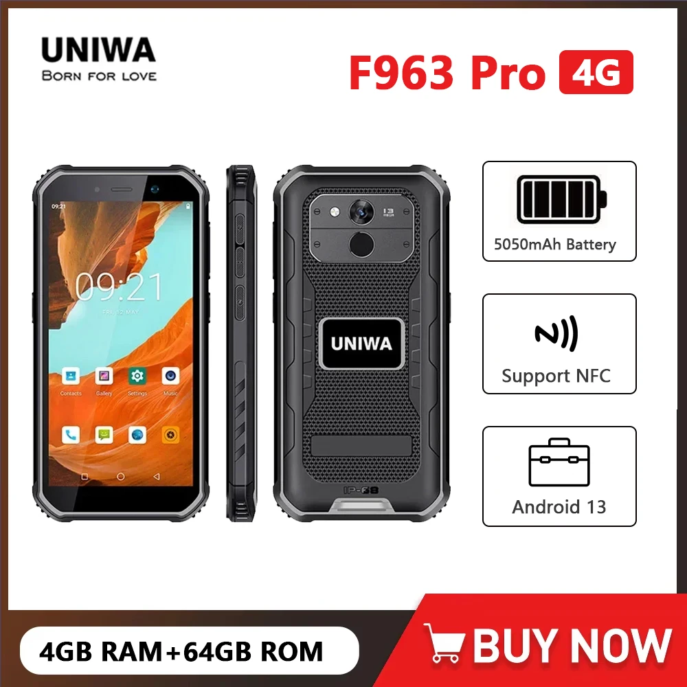 

UNIWA F963 Pro 5,5-дюймовый уличный водонепроницаемый смартфон IP68, Android 13, 4 ГБ + 64 ГБ, 5050 мАч, разблокировка отпечатков пальцев, 5,5-дюймовый мобильный телефон NFC