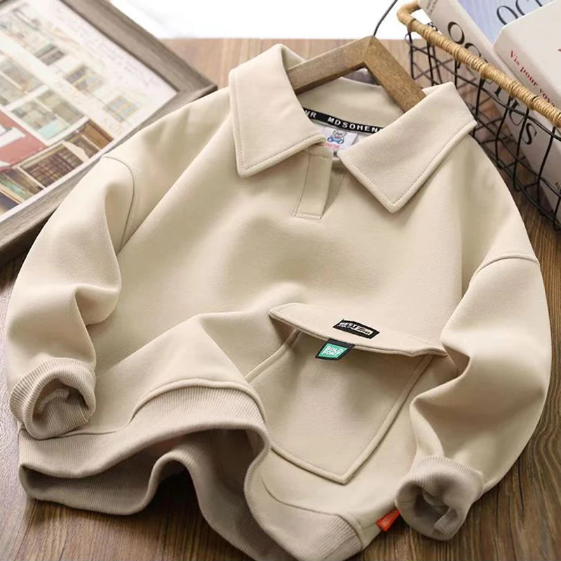 4 5 6 8 10 12 14 Years Boys Hoodies Autumn Spring New Solid Color Lapel Long Sleeve Sweatshirt For Teen Boys Casual Pullover